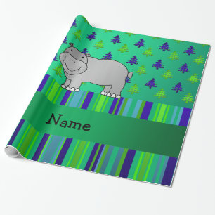 Personalized name hippo green blue stripes wrapping paper