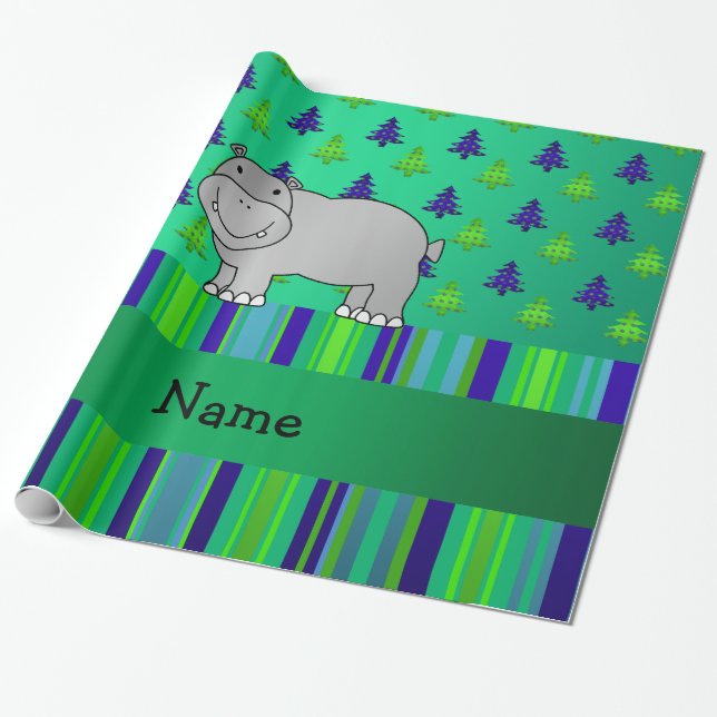 Personalized name hippo green blue stripes wrapping paper (Unrolled)