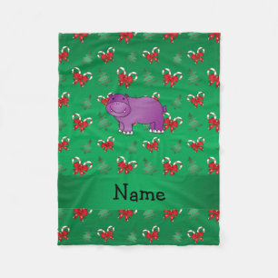 Personalized name hippo green candy canes bows fleece blanket