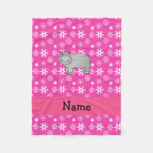 Personalized name hippo pink snowflakes fleece blanket