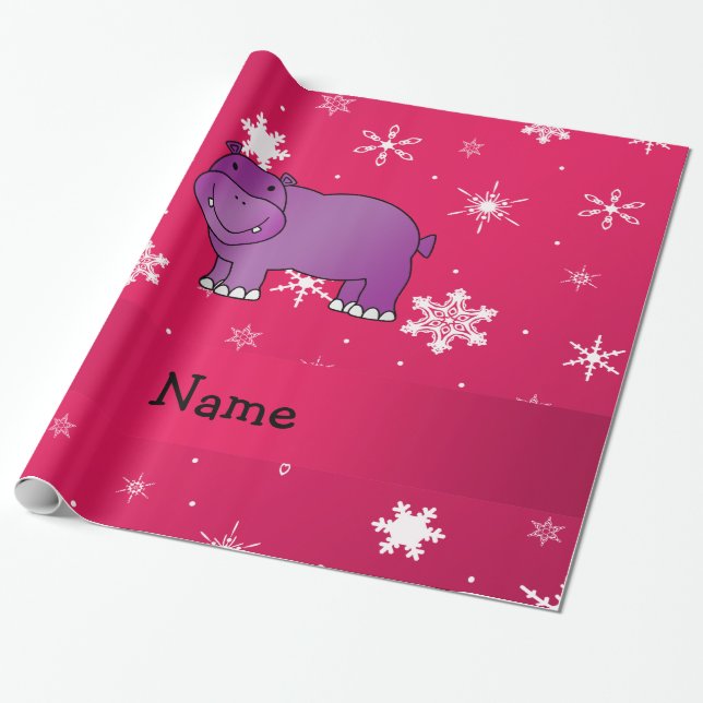 Personalized name hippo pink snowflakes wrapping paper (Unrolled)