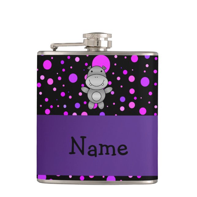 Personalized name hippo purple polka dots hip flask (Front)