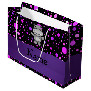 Personalized name hippo purple polka dots large gift bag