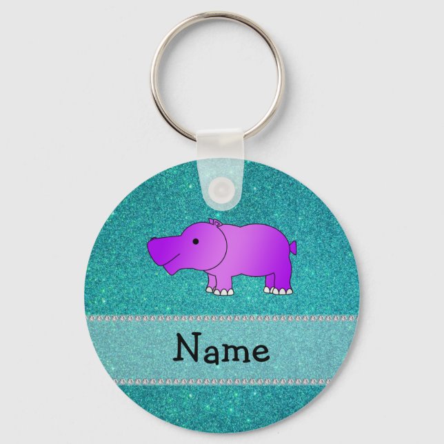 Personalized name hippo turquoise glitter keychain (Front)