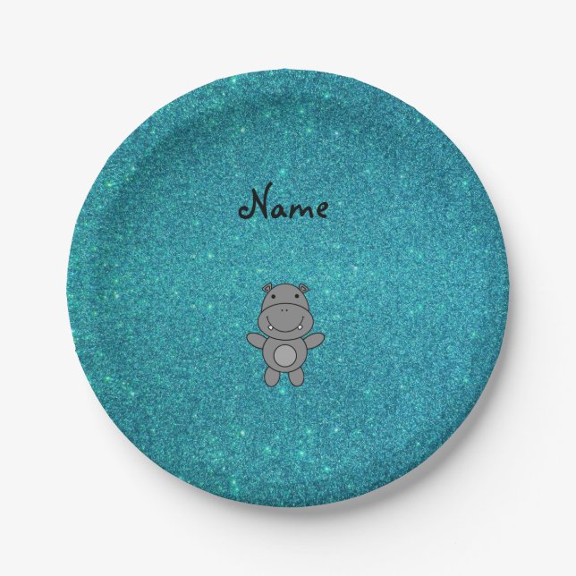 Personalized name hippo turquoise glitter paper plate (Front)