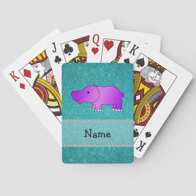 Personalized name hippo turquoise glitter playing cards (Back)