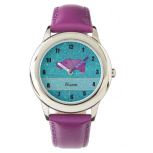 Personalized name hippo turquoise glitter watch