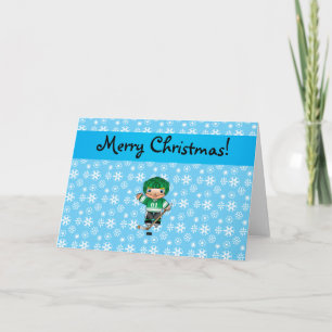 Personalized name hockey player blue snowflakes holiday card