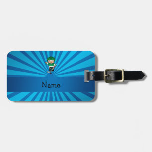 Personalized name hockey player blue sunburst luggage tag