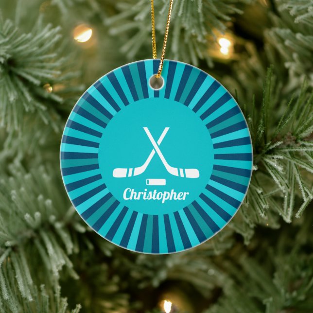 Personalized Name Hockey Player Coach Sport Blue Ceramic Ornament (Tree)