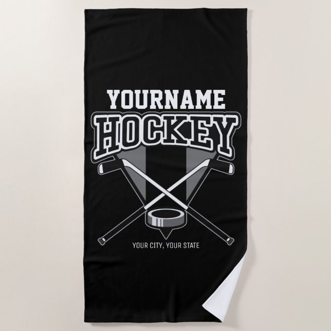 Personalized NAME Hockey Player Stick Puck Team   Beach Towel (Front)