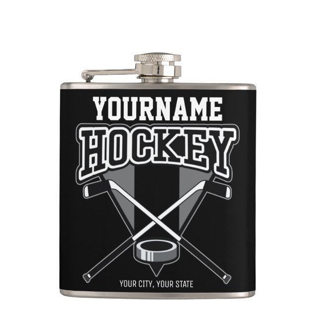 Personalized NAME Hockey Player Stick Puck Team  Hip Flask (Front)