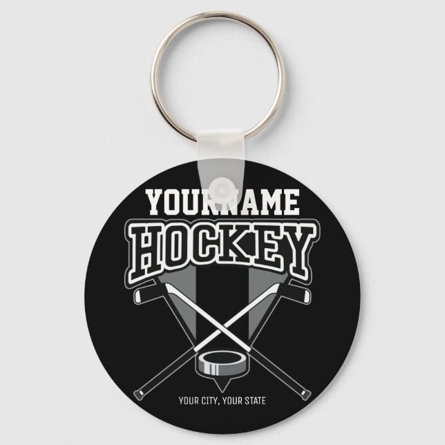 Personalized NAME Hockey Player Stick Puck Team  Keychain (Front)