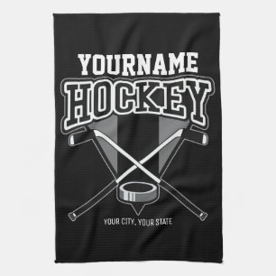Personalized NAME Hockey Player Stick Puck Team Kitchen Towel