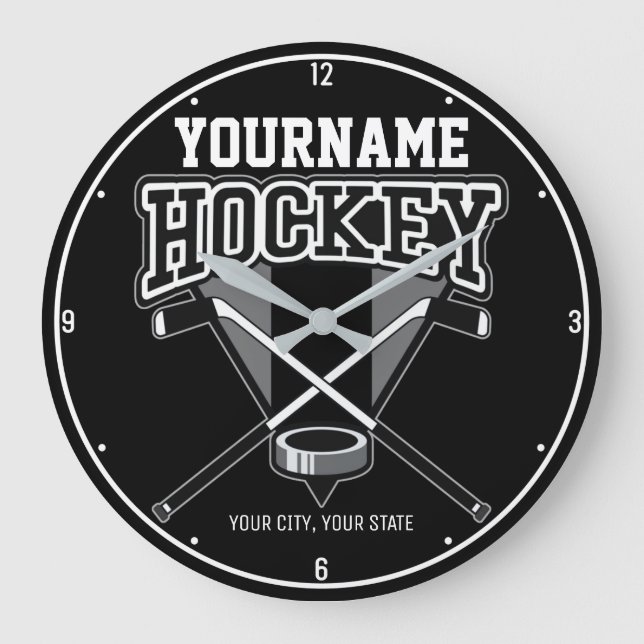 Personalized NAME Hockey Player Stick Puck Team Large Clock (Front)