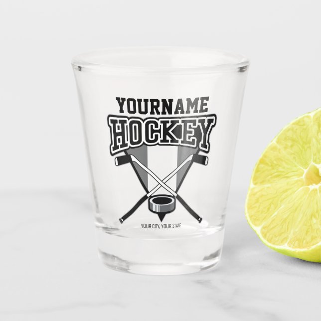 Personalized NAME Hockey Player Stick Puck Team  Shot Glass (Front)
