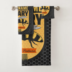 Personalized NAME Honey Bee Apiary Beehives Farm Bath Towel Set