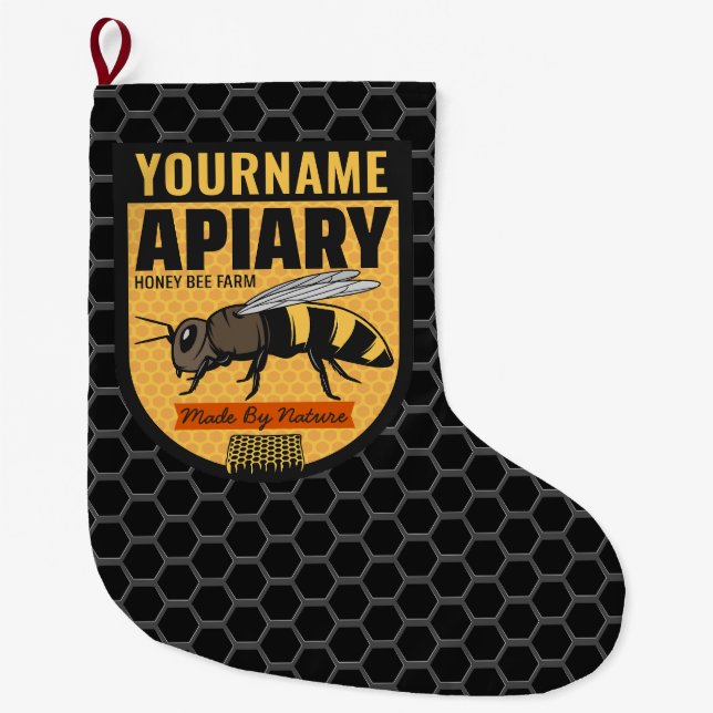 Personalized NAME Honey Bee Apiary Beehives Farm  Large Christmas Stocking (Front)