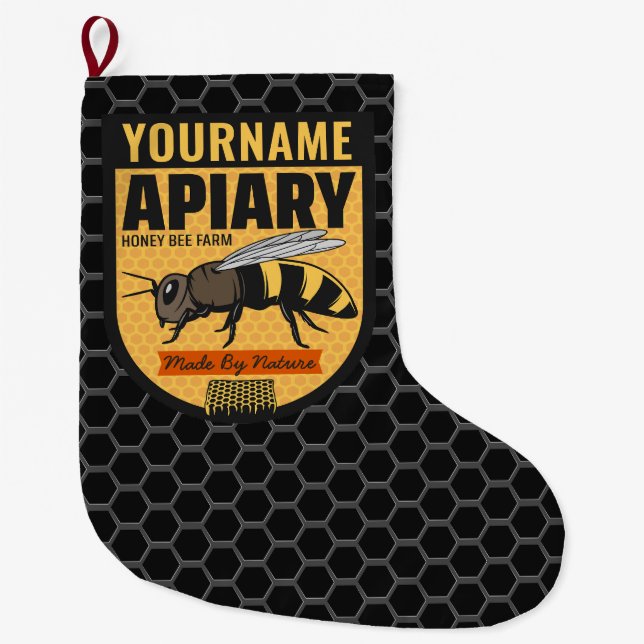 Personalized NAME Honey Bee Apiary Beehives Farm  Large Christmas Stocking (Front)