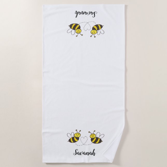 Personalized Name Honey Bees with Heart Bumblebees Beach Towel (Front)