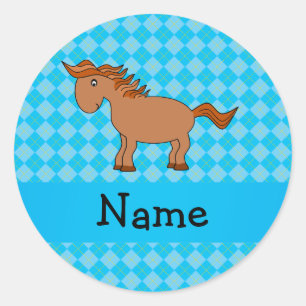 Personalized name horse blue argyle classic round sticker