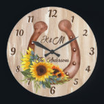 Personalized name horseshoe with sunflowers wood large clock<br><div class="desc">Personalized name watercolor wood horseshoe with sunflowers wall clock. A lovely personalized gift for a couple,  for family,  house warming or other occasion.</div>