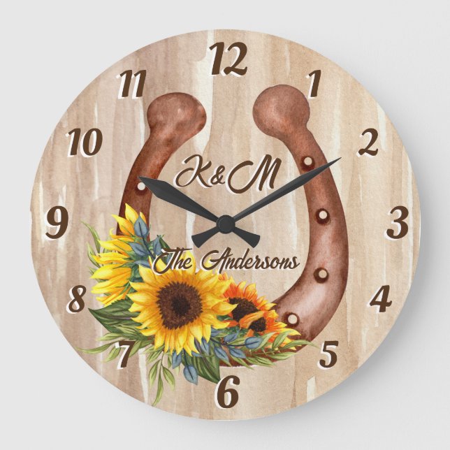 Personalized name horseshoe with sunflowers wood large clock (Front)
