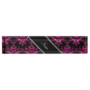 Personalized name hot pink glitter damask nameplate