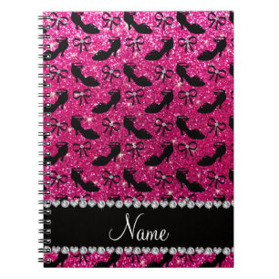 Personalized name hot pink glitter fancy shoes bow notebook