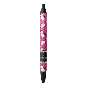 Personalized name hot pink glitter penguins igloos black ink pen