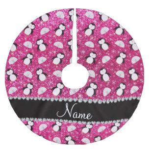Personalized name hot pink glitter penguins igloos brushed polyester tree skirt