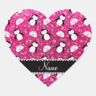 Personalized name hot pink glitter penguins igloos heart sticker