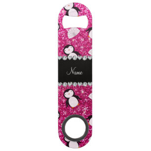Personalized name hot pink glitter penguins igloos speed bottle opener