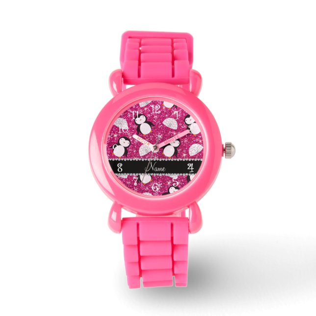 Personalized name hot pink glitter penguins igloos watch (Front)