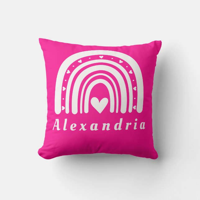 Personalized Name Hot Pink Rainbow Throw Pillow (Front)