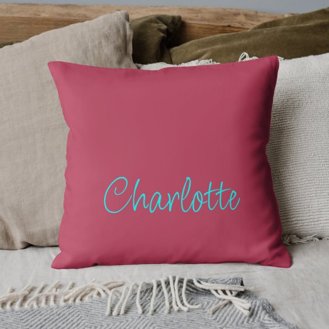 Personalized Name Hot Pink Teal Script Throw Pillow (Creator Uploaded)