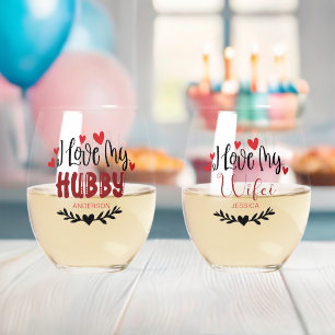 Personalized Name I Love My Hubby Wifei Stemless Wine Glass