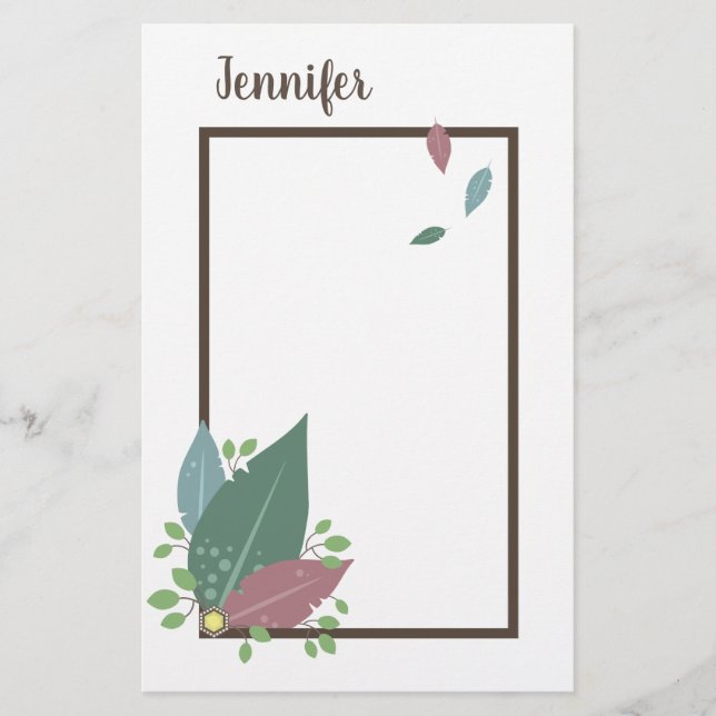 Personalized name in feather boho frame stationery (Front)