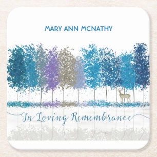 Personalized Name In Remembrance Trees Lone Deer Square Paper Coaster