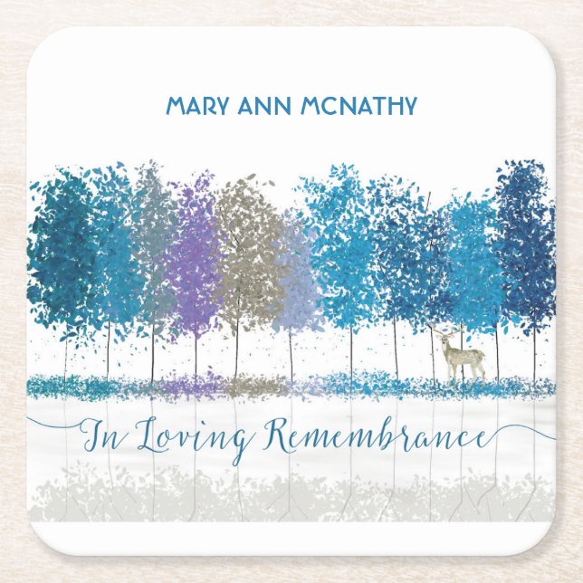 Personalized Name In Remembrance Trees Lone Deer Square Paper Coaster (Front)