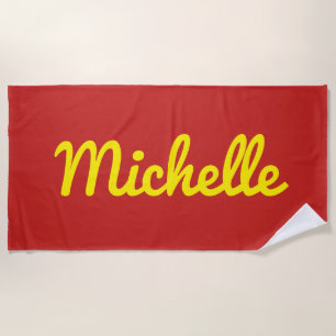 Personalized Name in Yellow Script on Red Beach Towel