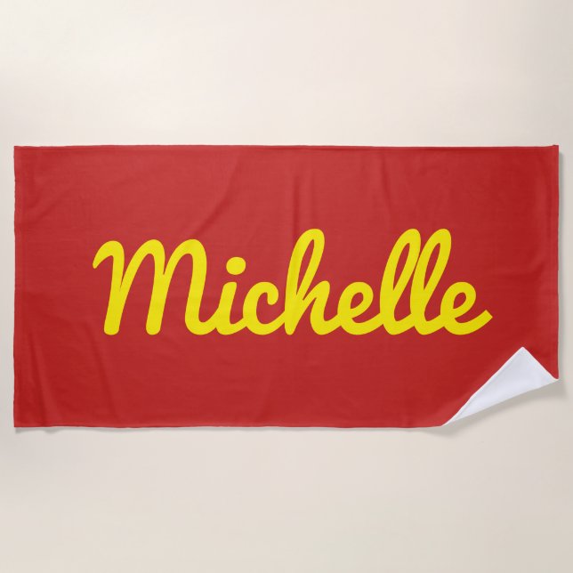 Personalized Name in Yellow Script on Red Beach Towel (Front)