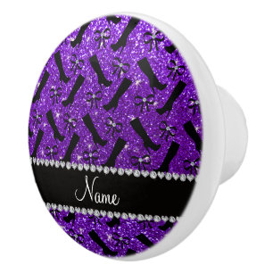 Personalized name indigo purple glitter boots bows ceramic knob