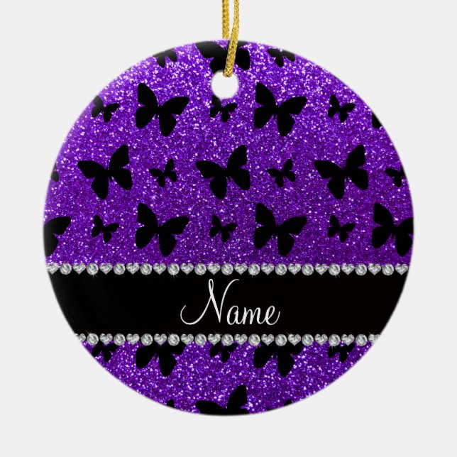 Personalized name indigo purple glitter butterfly ceramic ornament (Front)