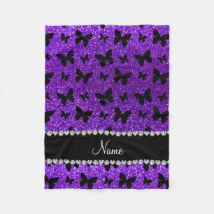 Personalized name indigo purple glitter butterfly fleece blanket