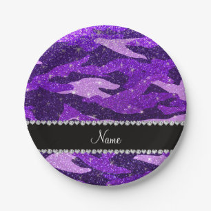 Personalized name indigo purple glitter camouflage paper plate