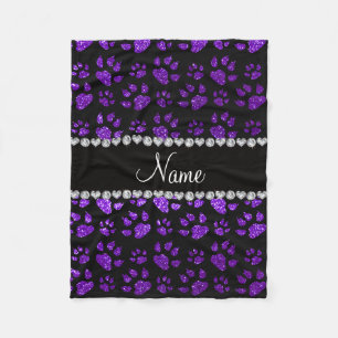 Personalized name indigo purple glitter cat paws fleece blanket