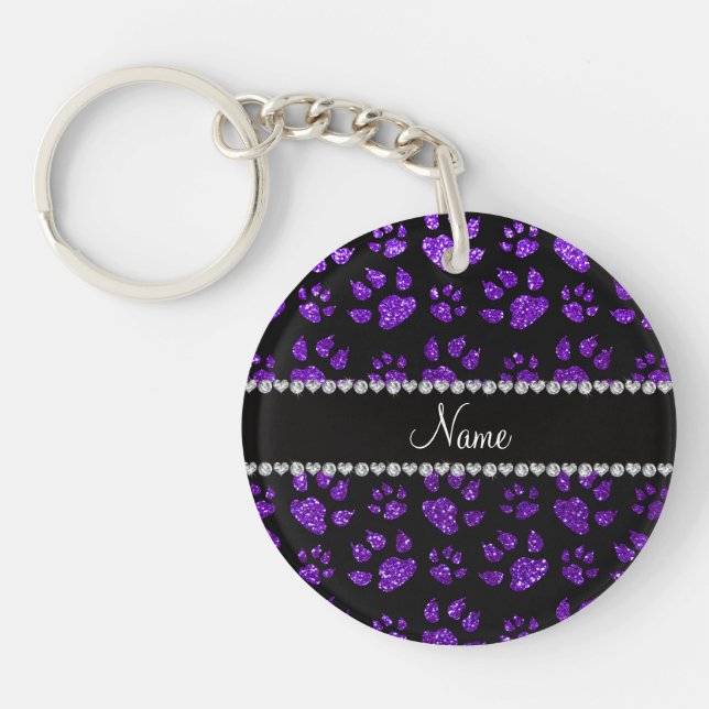 Personalized name indigo purple glitter cat paws keychain (Front)