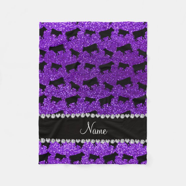 Personalized name indigo purple glitter cows fleece blanket (Front)