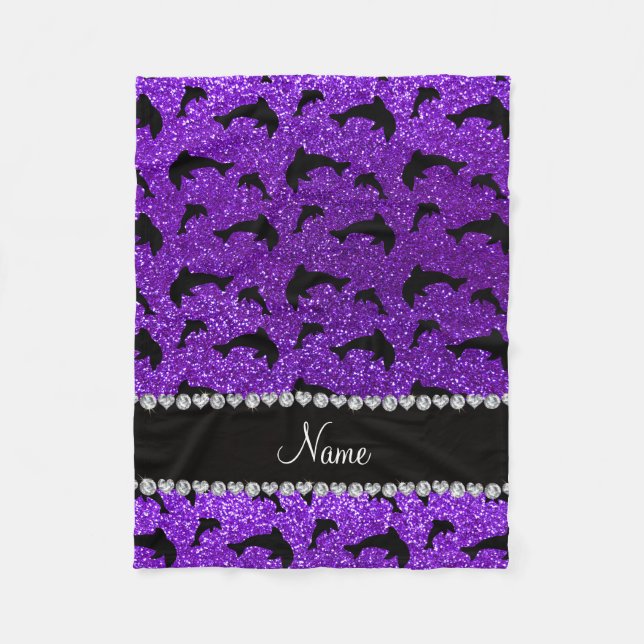 Personalized name indigo purple glitter dolphins fleece blanket (Front)